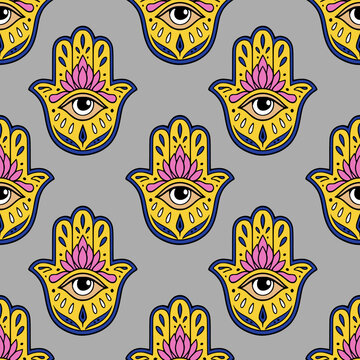 Seamless vector pattern with colorful Hamsa hand of Fatima amulets on a grey background
