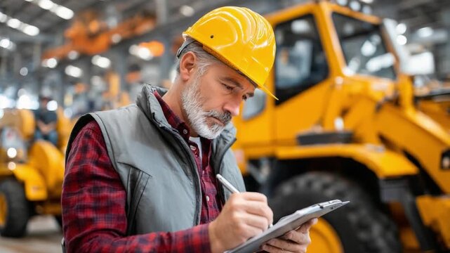 Construction Worker Inspecting Heavy Machinery: A focused male construction worker, wearing a yellow hard hat and safety vest.