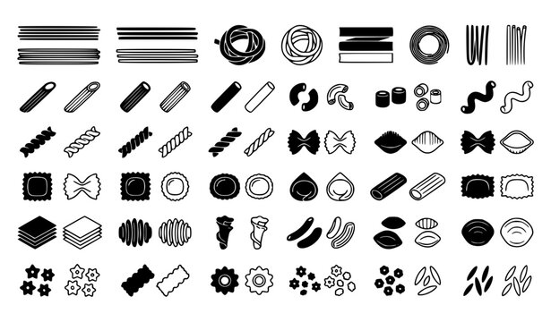 Pasta Food Icons Black Silhouette and Outline Vector Collection