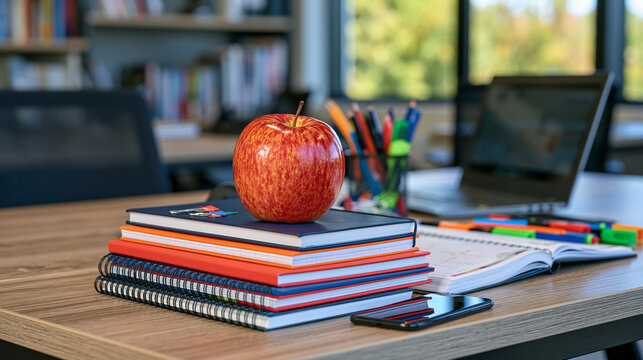 Modern office desk flat lay featuring colorful notebooks, stacked books, red apple, smartphone, pens, highlighters and paper clips arranged around an open planner, bright contemporary workspace, edu