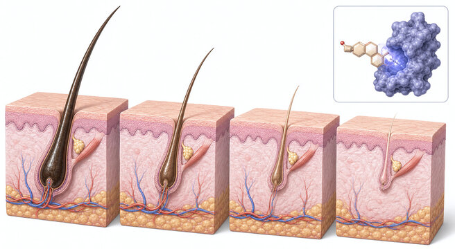 Hair follicle miniaturization stages with DHT receptor inset