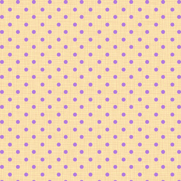 Seamless purple polka dot pattern on a pastel yellow woven fabric