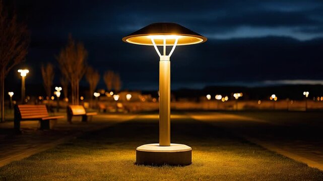 Streetlight Glow at Dusk: A warm, inviting streetlight illuminates a park pathway as twilight settles in, casting a soft glow on benches and trees, creating a serene evening ambiance.