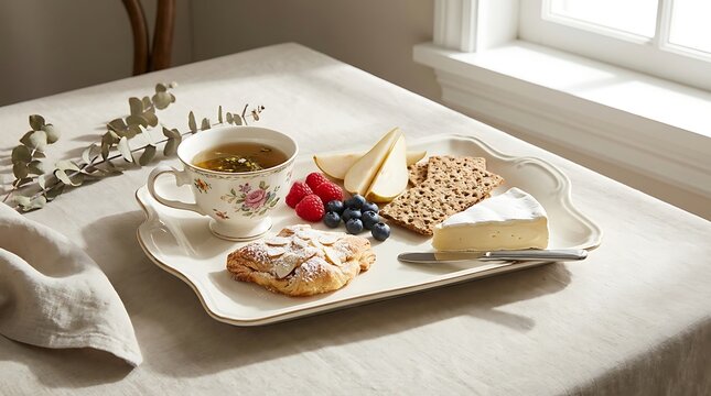 Fresh breakfast platter with tea and toast served on a clean table in a cozy home morning kitchen. Light brunch options