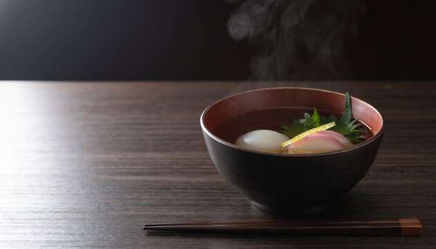 An elegant bowl of Japanese ozoni New Year soup with mochi, mitsuba and yuzu peel in a clear broth, refined dark still life with copy space