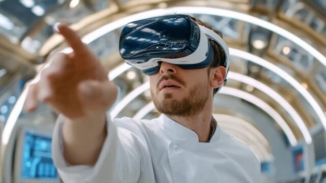 VR Chef Experiencing Virtual Reality in Futuristic Kitchen: A chef wearing a virtual reality headset and a white uniform, interacts with a holographic interface in a modern.