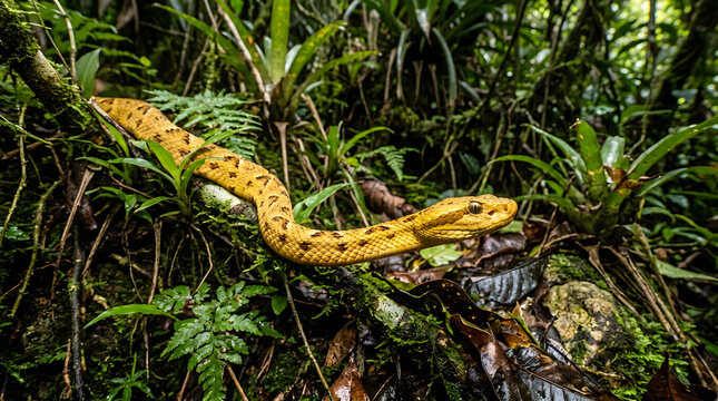 Yellow Reticulated Python Slithering Through Jungle Vegetation