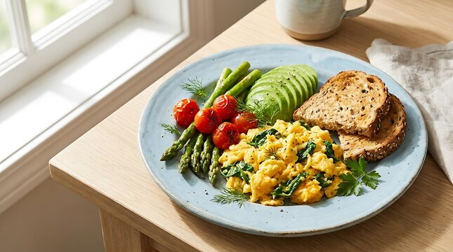 Healthy breakfast plate with scrambled eggs roasted tomatoes asparagus avocado and toasted brown bread. Light brunch options