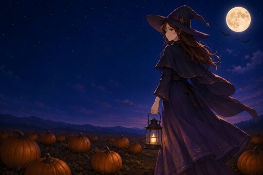夜のカボチャ畑を歩く魔女風の女性