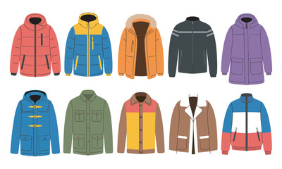 Winter jackets collection, puffer parka duffle ski jackets and warm outerwear garments for adults and kids, fashion clothing illustration set © Arif Mia 1