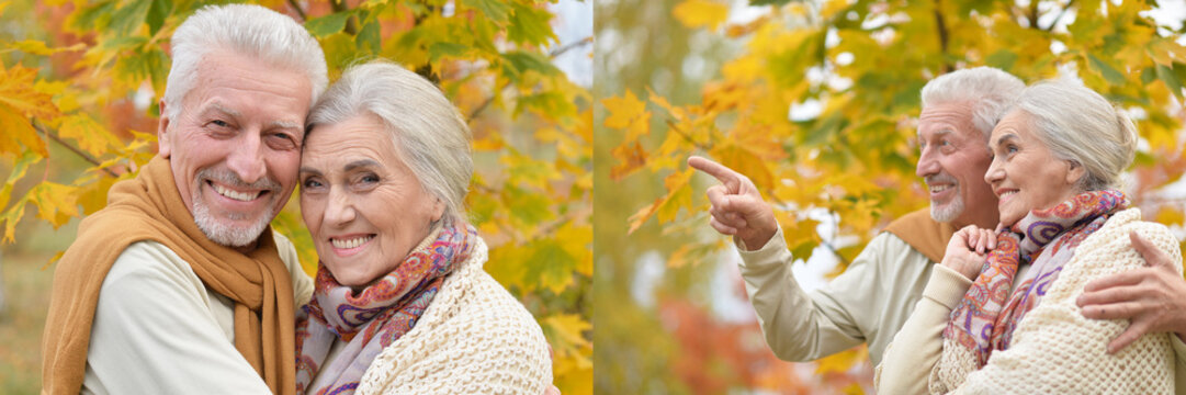 Happy senior couple smiling and posing outdoors in autumn park