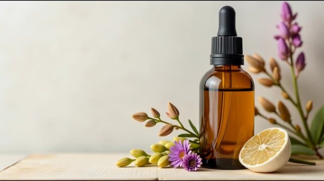 A bottle of essential oil next to lemons and flowers
