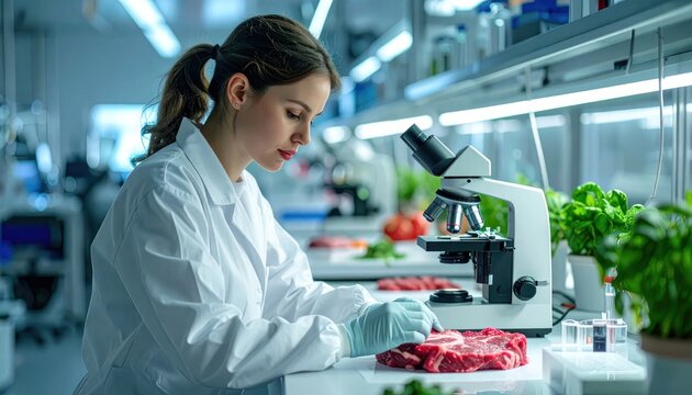 Scientist examining lab-grown cultured meat sample.