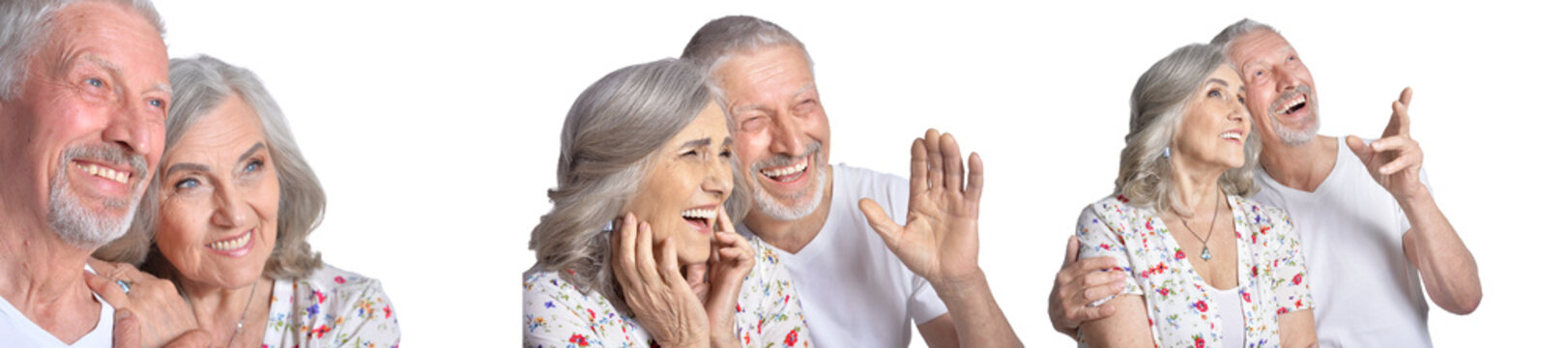 Happy senior couple smiling and waving on white background