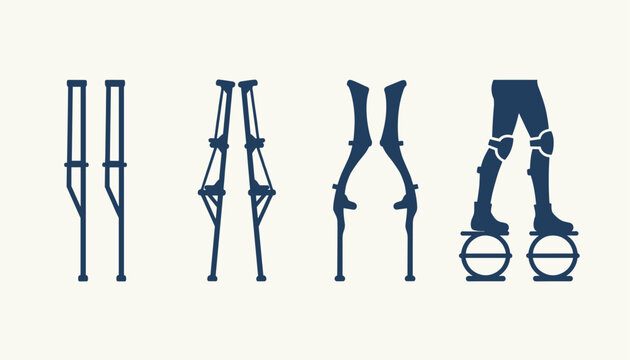 Collection of stilts and bouncing leg extension devices showing drywall stilts, wooden poles, and bionic jumping spring boots.