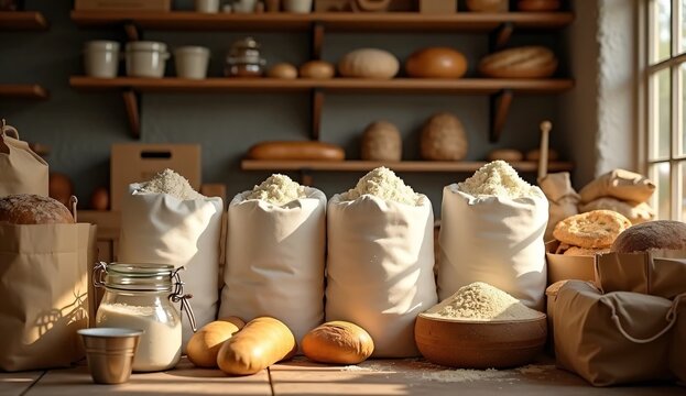 Regional bakery supply chain representing local ingredients traditional food production reusable packaging small business commerce and authentic culinary culture