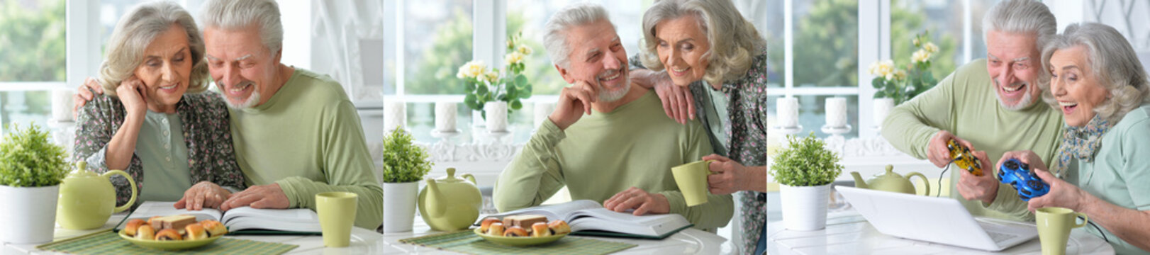 Senior couple enjoying a home hobby and laughing together