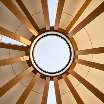 Low angle view of a circular skylight with wooden support beams radiating outward towards a white dome ceiling under a clear daylight sky