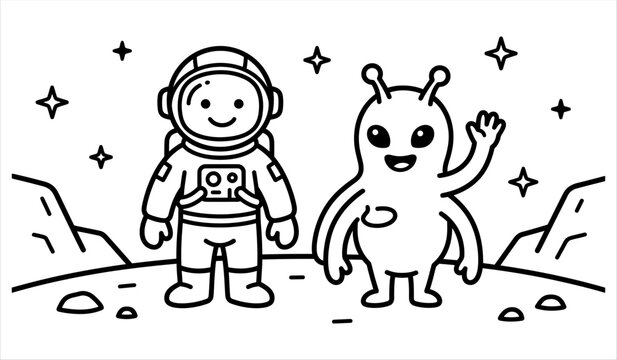 A cute astronaut and a friendly alien standing together on the moon surface for a coloring page