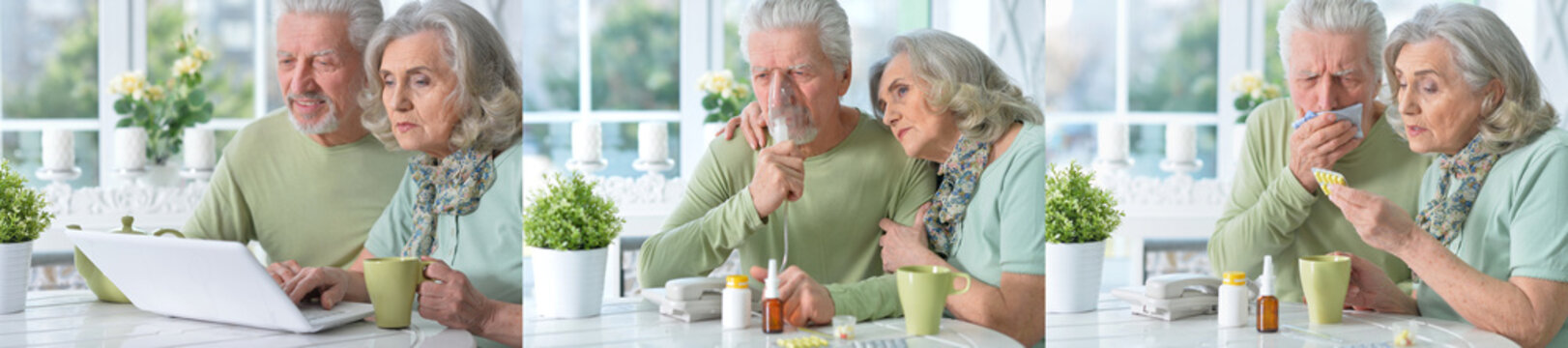 Senior couple and friends eating breakfast and taking medicine at home