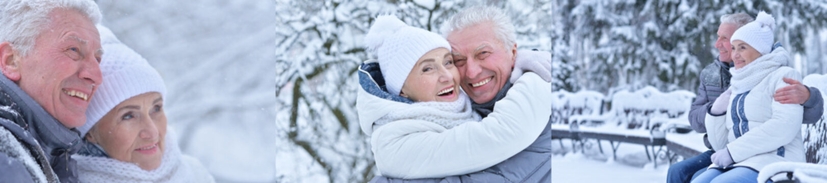 Happy elderly couple and family enjoying snowy winter day outdoors