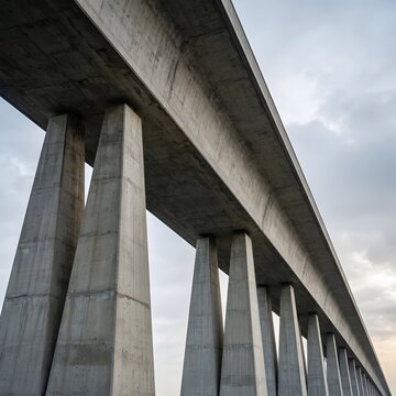 Low angle view of a concrete bridge structure with massive support pillars, grey sky background, industrial infrastructure and civil engineering