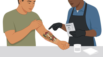 Fototapeta premium Professional tattoo artist explaining healing instructions and aftercare to a male client with fresh botanical mushroom arm ink