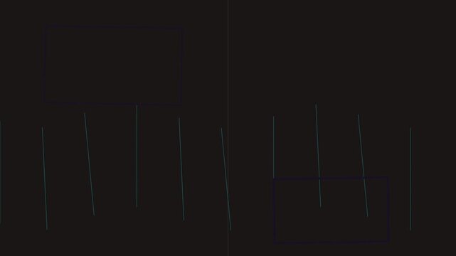 Abstract geometric bars and rectangular frames creating visual structure in three scenes