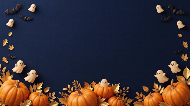 Halloween background with pumpkins ghost decorations autumn leaves bats on a dark blue textured surface fall decor orange pumpkin spooky ghosts autumn foliage october theme trick or treat