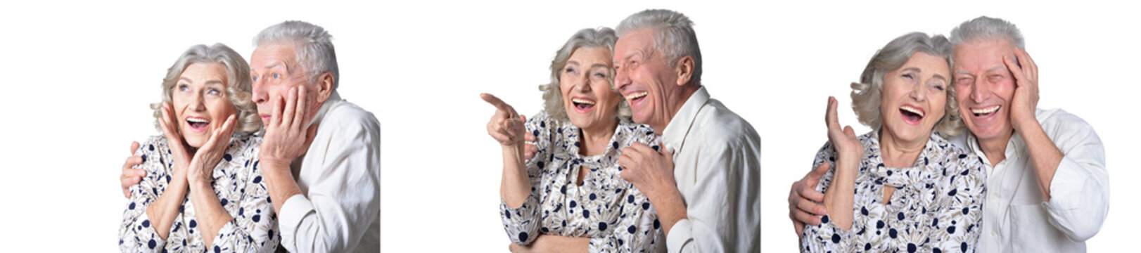 Happy senior couple making funny faces and gestures on white background