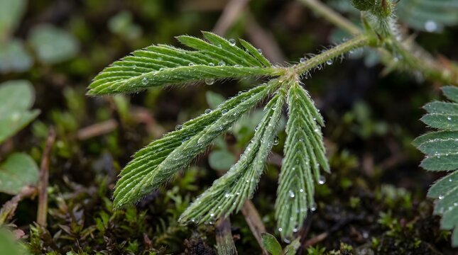 Sensitive plant leaves with morning dew drops close up macro