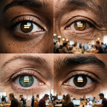 Diverse Eyes Reflecting Equality Symbol in Modern Office Environment