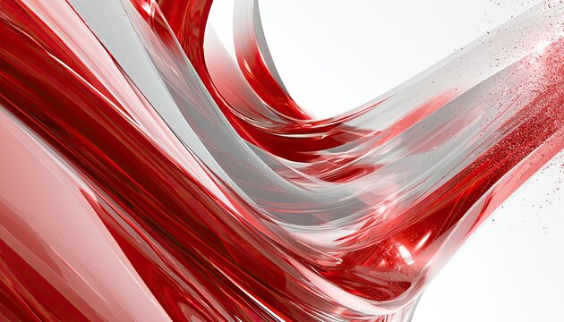 Flowing abstract red and white ribbons with textured particulate effects