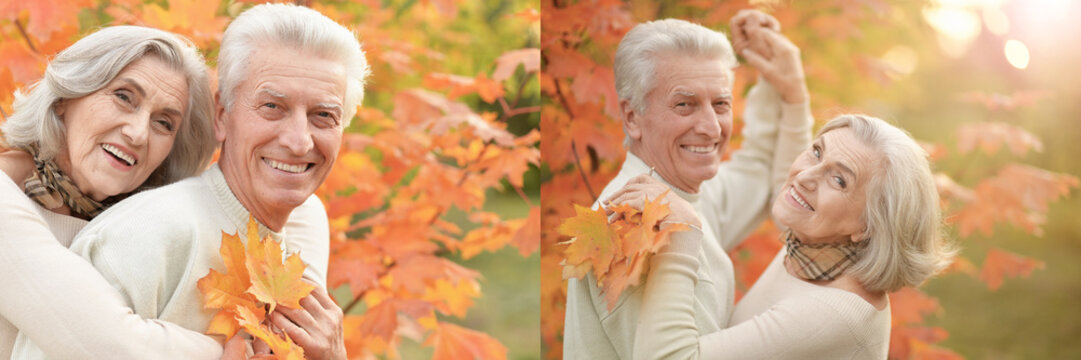 Happy senior couple and friends enjoying autumn leaves outdoors