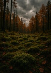 Naklejka premium Moody forest with autumn foliage.