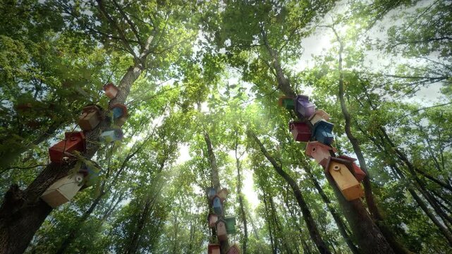 Colorful Handcrafted Bird Houses Hanging On Tree
