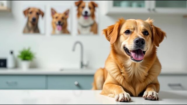 A brown dog sitting on a kitchen counter, perfect for pet-themed illustrations or a playful addition to a home scene