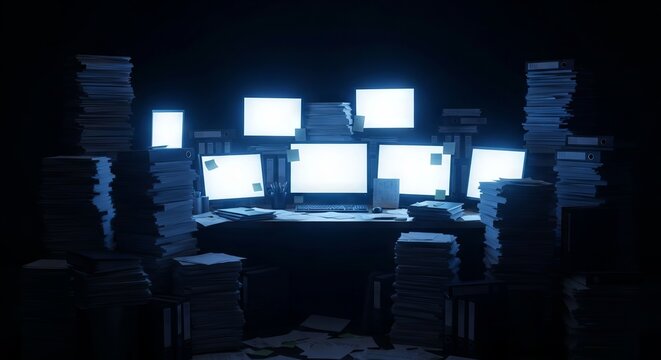 An office desk is completely buried under massive towers of paperwork, overflowing folders, and several glowing monitors in a dark room, administrative, stack, messy
