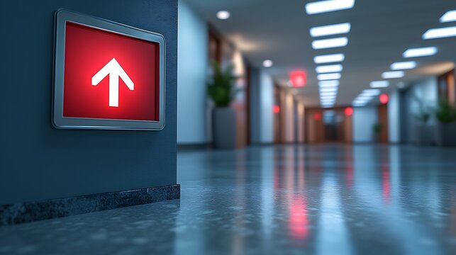Glowing Arrow Sign in Hallway.