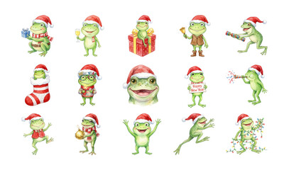Fototapeta premium Watercolor Christmas Frog Clipart Set with Santa Hats