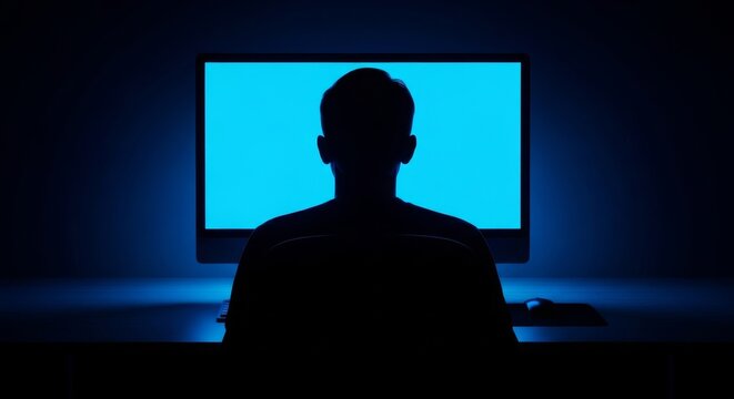 Vibrant blue light from a computer monitor illuminates a silhouette in a dark office highlighting technology and late night productivity, technology, professional, development