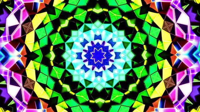 Kaleidoscopic geometric pattern shifts through vivid radial symmetry as layered neon shapes expand toward the edges around a bright central rosette on a dark contrasting background
