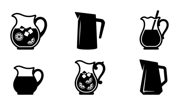 Pitcher Icons Set, Beverage Jug Vector Graphics, Drink Container Silhouettes for Refreshment and Bar Collections
