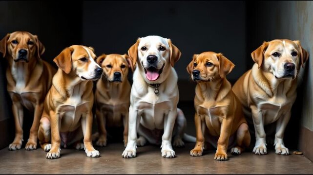 A group of dogs sitting next to each other, a moment of friendship and companionship