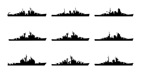 Naklejka premium Set of 9 Warship Silhouettes, Naval Battleship Icons, Military Vessel Vector Graphics, Maritime Fleet Collection