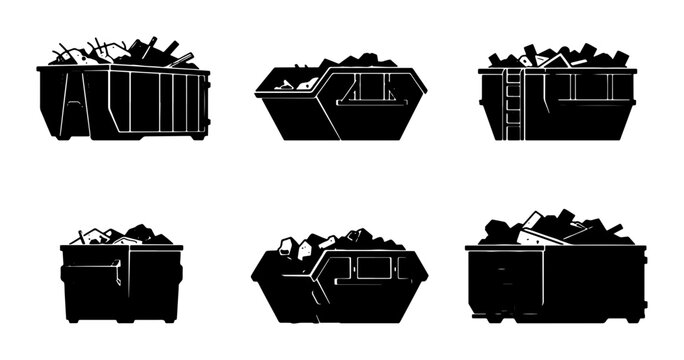 Skip Bin Icons Set, Waste Container Vector Collection, Rubbish Skip Graphics, Industrial Debris Removal, Construction Site Dumpster, Black and White Silhouette