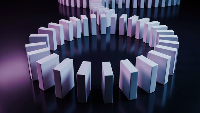 Domino Effect Concept with White Domino Tiles in a Circular Arrangement on Dark Background