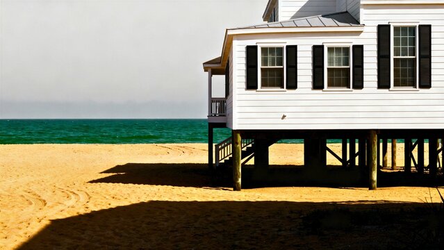 A raised stilt-house with crisp white siding and black storm shutters against a hazy Gulf sky, harsh afternoon sun creating hard shadows under the elevated structure.