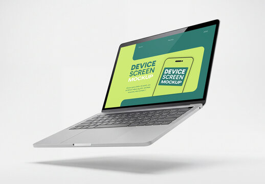 Floating Laptop Mockup with Perspective View on White Background