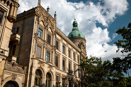 Hanover, Germany - July 1, 2026: Historic Norddeutsche Landesbank building with ornate stone facade and green copper dome on Friedrichswall in central Hanover.